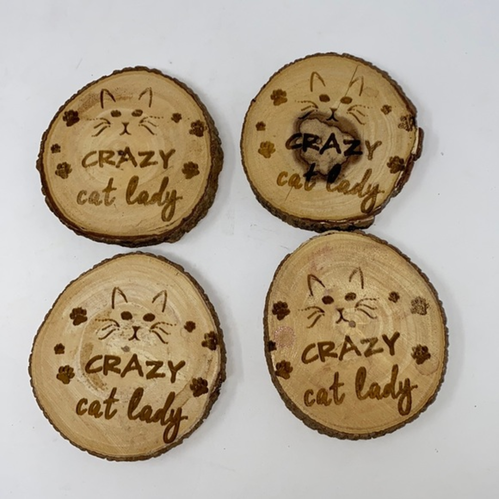 4 Meritage Natural‎ Acacia Wood Coasters Crazy Cat Lady Handmade
